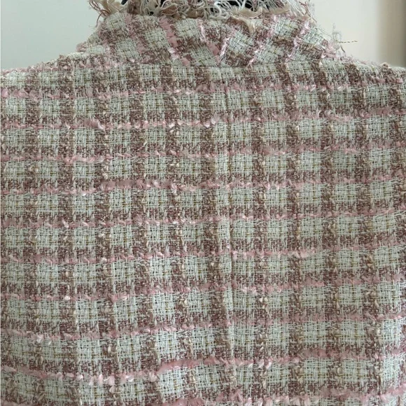Pink & Cream Tweed Frayed-Trim Blazer Jacket - Picture 8 of 13